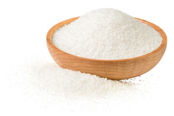 Shredded coconut in the wooden bowl, isolated on white background.