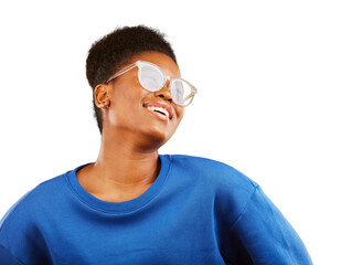 Happy black woman, fashion and glasses for vision or sight isolated on a transparent PNG...