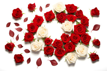 Set of red roses surrounding white roses isolated on white background