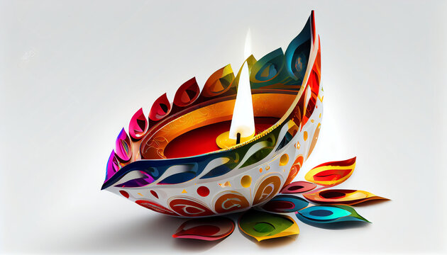 Colorful Diwali diya isolated, festival of lights, white background, Ai generated image
