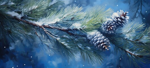 blue snow falling on a pine tree branch in winter Generative AI