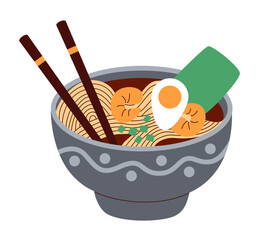 Bowl with ramen served with chopsticks. Japanese noodle soup with shrimps, egg and nori. Traditional Asian food.