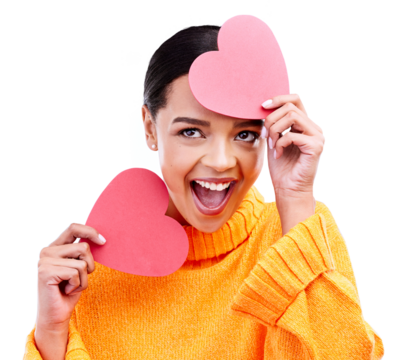 Paper heart, love and excited woman with romance, happy and loving sign. Female model, emoji shape and smile for care and support for valentines day date isolated on a transparent, png background