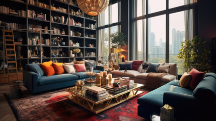 A modern maximalist living room interior - obrazy, fototapety, plakaty
