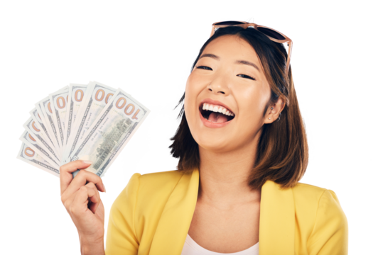 Woman, winner and money fan in financial bonus, success and winning of college loan, scholarship funding or lottery. Portrait of asian student with cash and wow isolated on transparent png background