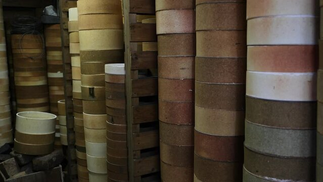 Sayas to surrend the pots in kiln, Kyushu region, Arita, Japan