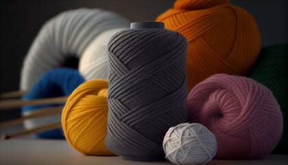 Composition with threads, yarn for knitting close-up, minimalist texture of traditional, Ai generated image