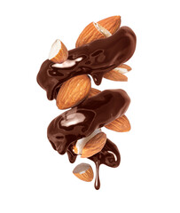 Glossy brown spiral made of melted chocolate with almonds isolated on white background
