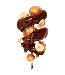 Glossy brown spiral made of melted chocolate with hazelnuts isolated on white background