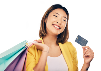 Woman, credit card and shopping bag for retail payment, cosmetics discount, sale or deal in portrait. Asian customer of beauty promotion, debit or happy finance isolated on transparent png background