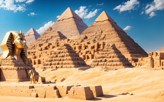 Pyramids, sphinx and Ancient egyptian hieroglyphs, egypt paintings