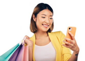 Selfie, asian woman and shopping bag in studio with smile for deal, sale or discount on png transparent background. Japanese girl, retail and influencer happy with social media, contact and luxury