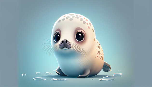 Cute little baby seal sea calf cartoon character of illustration and Lovely baby animals concept background, Ai generated image