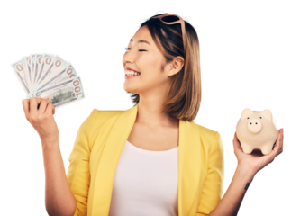 Happy woman, piggy bank and money for student savings, finance investment or profit and budget success. Young Asian person with banking notes, cash and safe isolated on a transparent, png background