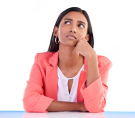 Business woman, thinking and problem solving with career choice, creative vision and job solution. Worker confused for internship decision, questions and doubt isolated on transparent png background