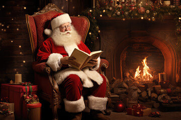 Santa Claus sitting at his home in a comfortable chair and reading his magical book