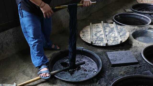 Kurume Kasuri indigo dyeing process in Aika Tanaka Kasuri Kobo, Chikugo, Japan
