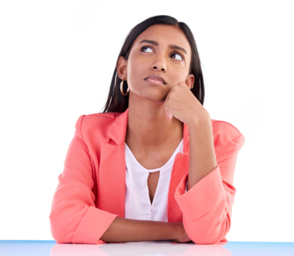Business woman, thinking and problem solving with career choice, creative vision and job solution. Worker confused for internship decision, questions and doubt isolated on transparent png background