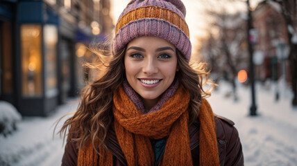 Outdoor close-up portrait of happy smiling young woman walking on the street, model wearing stylish winter hat, Christmas, New Year concept. Copy space for text