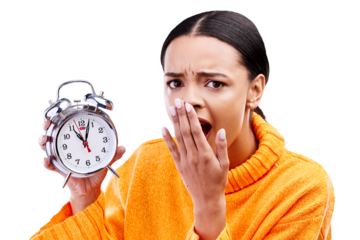 Frustrated, surprise and portrait of woman with clock on isolated, png and transparent background. Time management, alarm and shocked person with watch for schedule, appointment and late for deadline