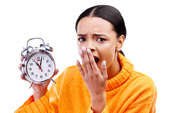 Frustrated, surprise and portrait of woman with clock on isolated, png and transparent background. Time management, alarm and shocked person with watch for schedule, appointment and late for deadline
