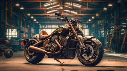 Fototapeta na wymiar Realistic photo of Custom Bobbler Motorbike Standing in a industrial landscape