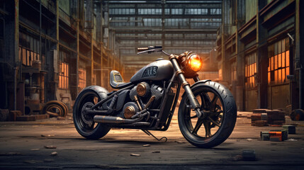 Fototapeta na wymiar Realistic photo of Custom Bobbler Motorbike Standing in a industrial landscape