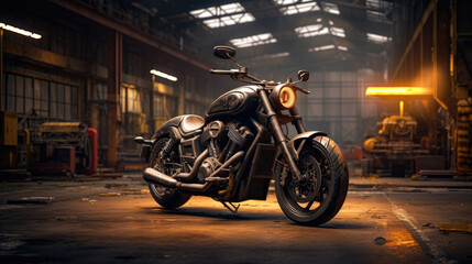 Realistic photo of Custom Bobbler Motorbike Standing in a industrial landscape
