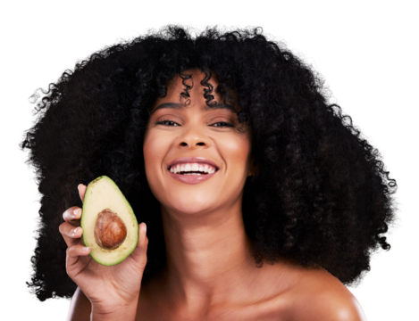 Avocado, cosmetic and portrait of young black woman with natural, cosmetic and self care for curly hair. Glow, clean and African female model with a fruit isolated by transparent png background.