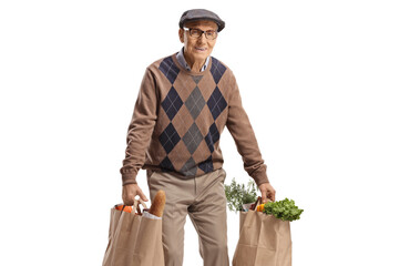 Tired elderly man carrying grocery bags