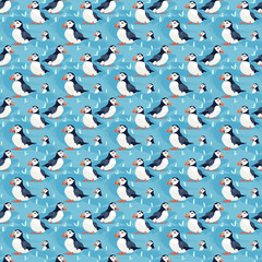 Puffin bird seamless repeating background, flat artwork cartoon design
