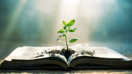 Bible with green plant seedling. Christian maturity and spiritual growth. Christian illustration. - obrazy, fototapety, plakaty