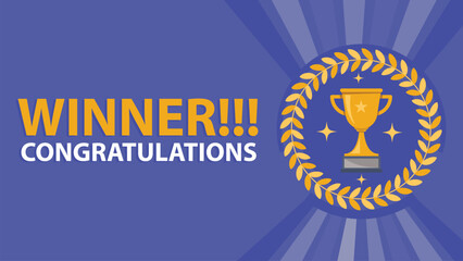 Congratulations winner announcement concept vector banner design with trophy cup icon, geometric shapes pattern and typography in yellow and white. winner modern minimal graphic poster illustration.