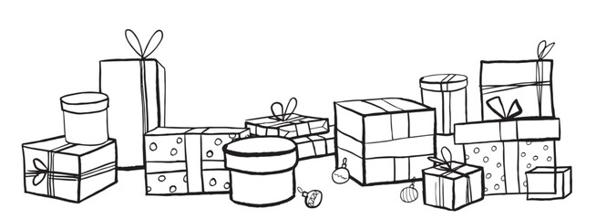 Hand drawn gift boxes  on white background. Coloring page. Vector EPS 10 vector 