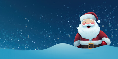 Santa Claus on blue Christmas background with copy space.