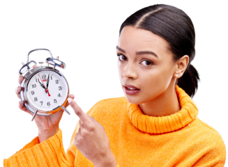Pointing, clock and portrait of woman upset with alarm on isolated, png and transparent background. Time management, angry and annoyed person with watch for schedule, appointment or late for deadline