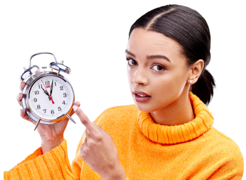 Pointing, clock and portrait of woman upset with alarm on isolated, png and transparent background. Time management, angry and annoyed person with watch for schedule, appointment or late for deadline