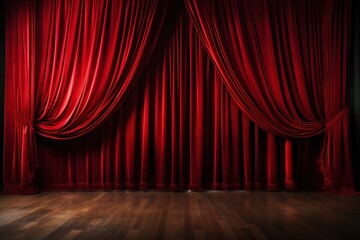 open red curtain on stage of theater, opera or cinema slightly ajar, empty scene background
