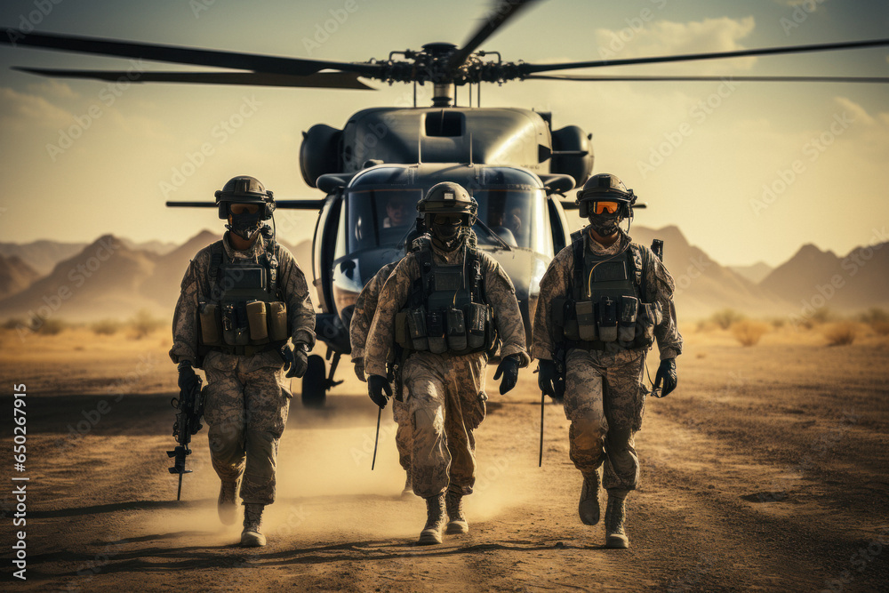 Wall mural Soldiers in helmets and military ammunition in the desert