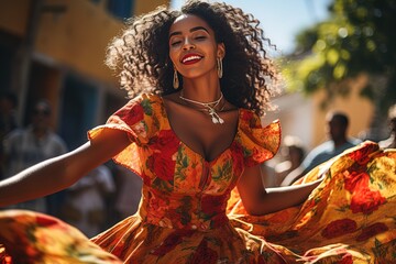 Young happy smiling beautiful woman dancing on caribbean city streets in bright dress