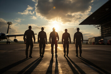 Pilots are walking against the background of military planes at airfield. - obrazy, fototapety, plakaty