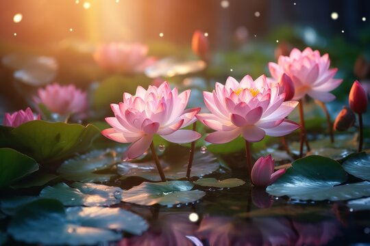 closeup of beautiful pink lotus flowers waterlily on water with blurred background at dawn