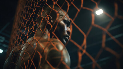 Close-up shot of MMA boxing athlete in the ring with cage - obrazy, fototapety, plakaty