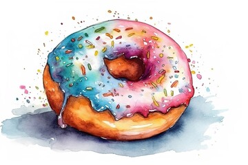 watercolor illustration of multicolored donut with glaze on white background