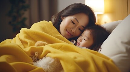 asian woman take care of little ill daughter. Sick child lying on bed under blanket, with worried. single mom taking care of sick daughter at home. child has a high fever. covers on the couch and ill - obrazy, fototapety, plakaty