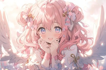 Fototapeta premium portrait of a cute happy smiling angel girl with pink hair in anime style