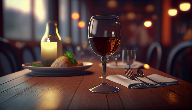 Glass of wine with a wooden table on the restaurant, Ai generated image