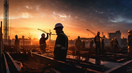 Silhouettes of Engineers and workers inspecting a project on a building site background, construction site at sunset, Generative AI