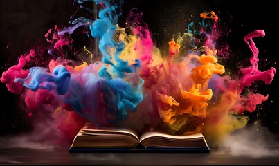 book photography with smoke and colorful splashes of light, Generative Ai