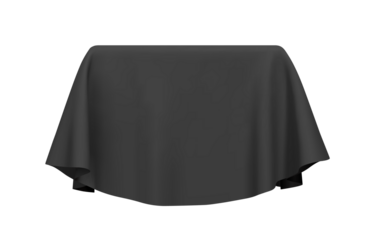 Black fabric covering a cube or rectangular shape. Can be used as a stand for product display, draped table. Png clipart isolated cut out on transparent background
